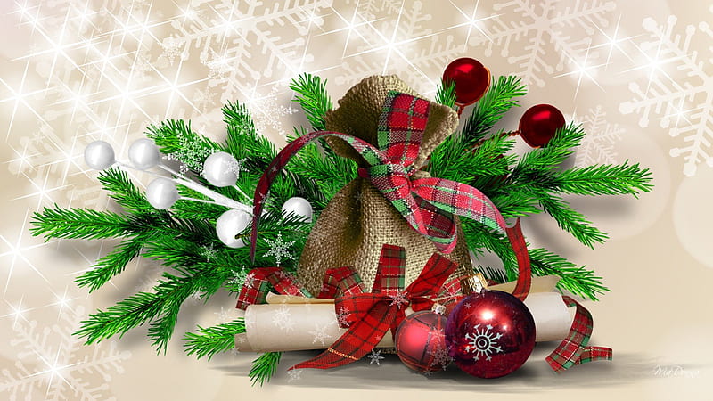 A Christmas Gift For You, feliz navidad, christmas, red balls, ribbons, xmas, gunny sack bag, berries, snowflakes, decorations, fit, scroll, spruce, HD wallpaper