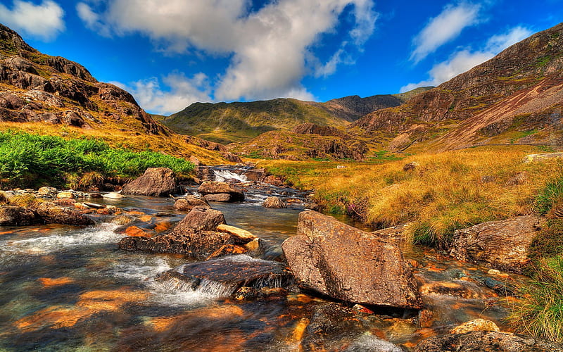 stones, mountains, summer, mountain stream, river, clear skies, HD wallpaper