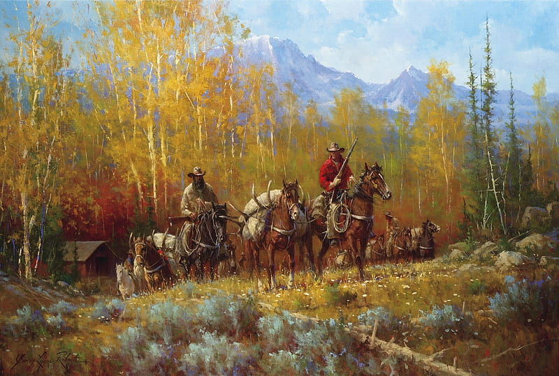 Success, autumn, mountains, painting, hunters, trees, deer, horses, HD ...
