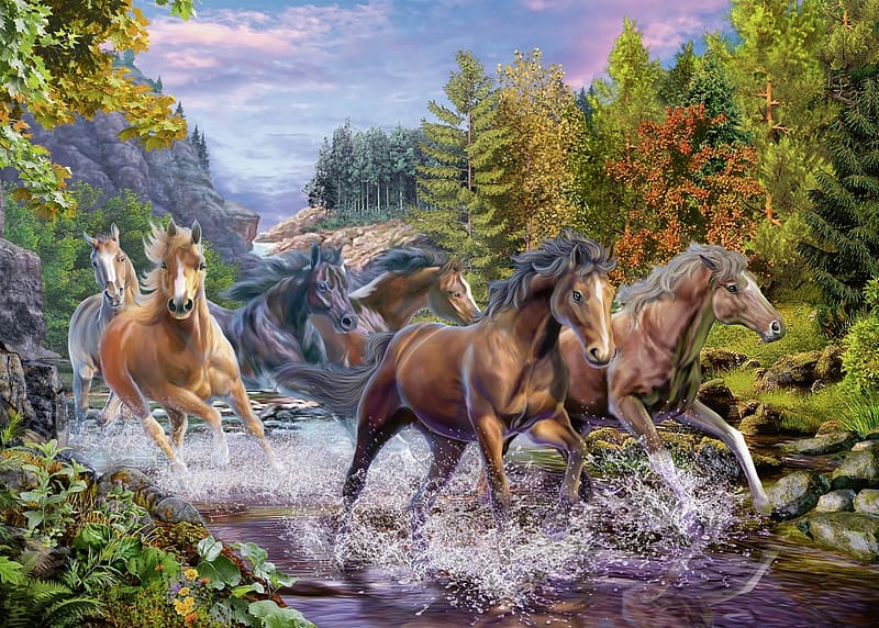Horses, river, horse, running, painting, art, pictura, cal, water, HD wallpaper
