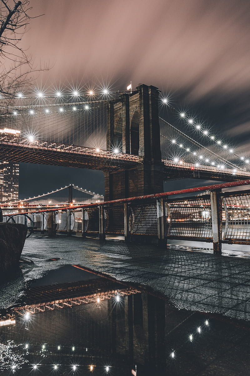 bridge, architecture, lights, night city, new york, usa, HD phone wallpaper