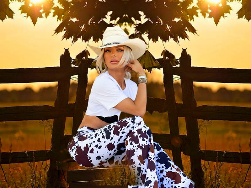 Country Chic Cowgirl 2, colorful, white, cowgirl, vibrant, blonde, shirt, brown, vivid, bright, yellow, pants, fence, field, bold, hat, HD wallpaper