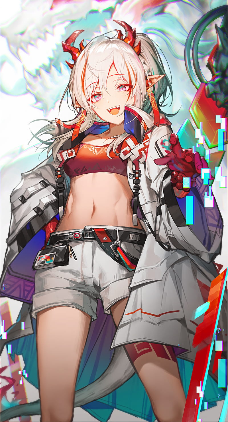 Lentain, anime girls, Arknights, Nian(Arknights), portrait display, belly, shorts, crop top, horns, tail, pointy ears, dragon girl, HD phone wallpaper