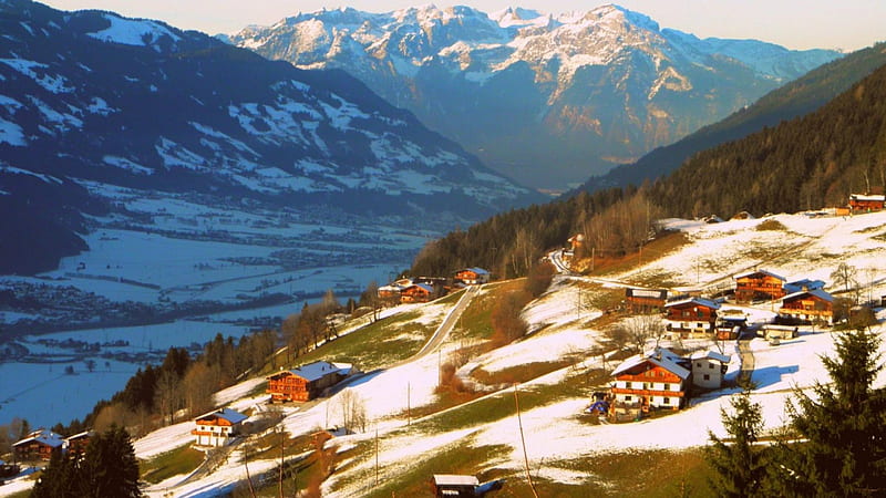 aschau im zillertal in the austrian tyrol, forest, village, valley, mountains, HD wallpaper