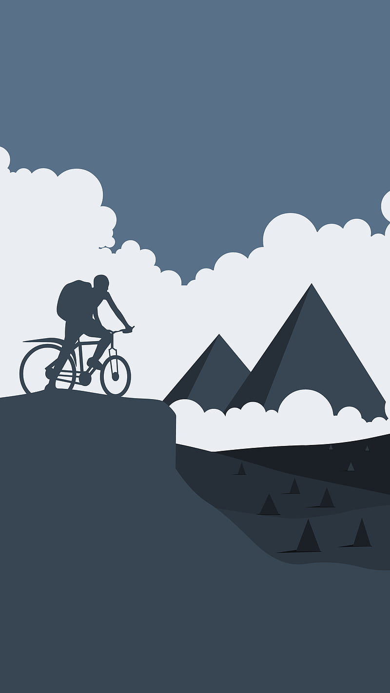 Mountain Biking, 929, abstract, bike, clouds, desenho, flat material, mountains, sky, HD phone wallpaper