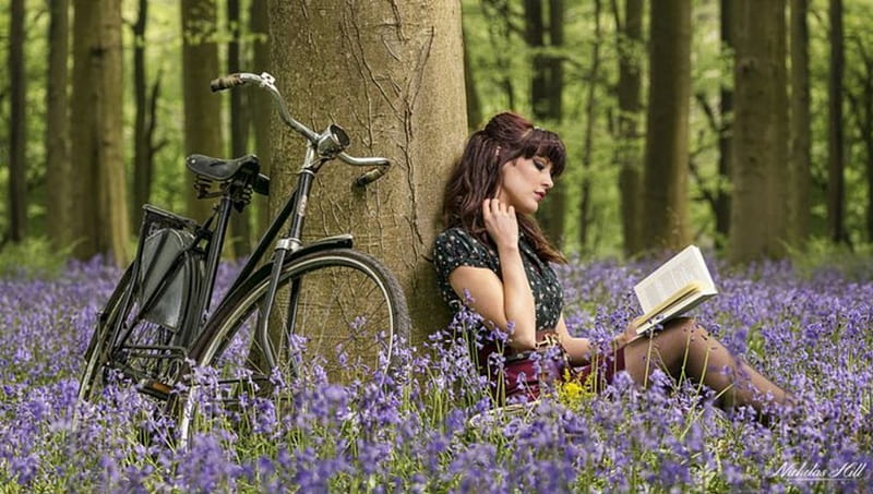 Another Time, reading, book, flowers, bike, woman, HD wallpaper
