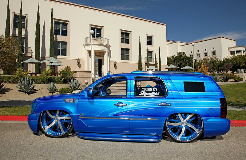 2008-Chevrolet-Tahoe, Slammed, GM, Custom, Blue, HD wallpaper