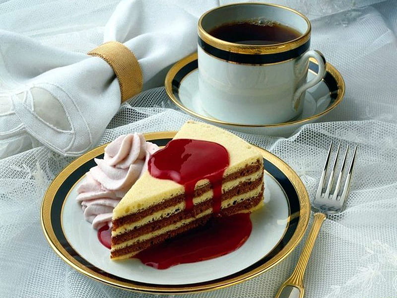 cake, sandwich, sauce, cherry cake, cup of coffe, pleasure, break, HD wallpaper