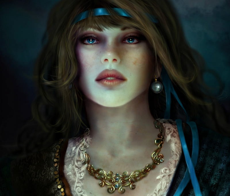 Blue pearl, art, sue marino, woman, fantasy, girl, dark, beauty, face, portrait, night, HD wallpaper