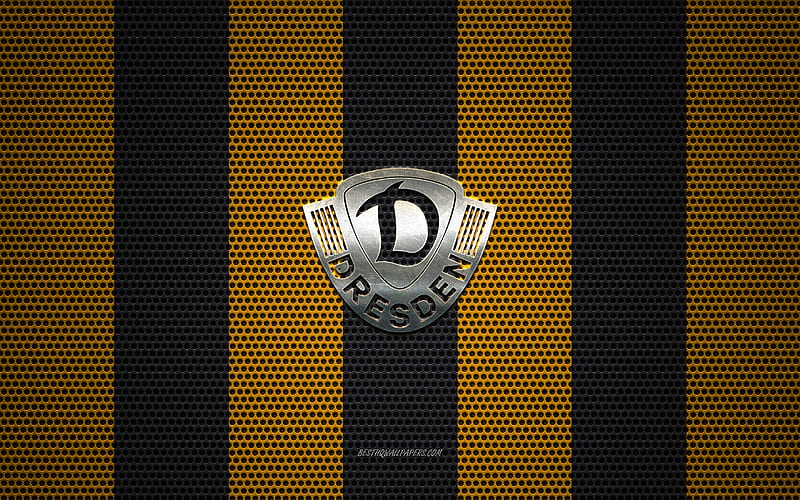 SG Dynamo Dresden logo, German football club, metal emblem, yellow black metal mesh background, SG Dynamo Dresden, 2 Bundesliga, Dresden, Germany, football, HD wallpaper