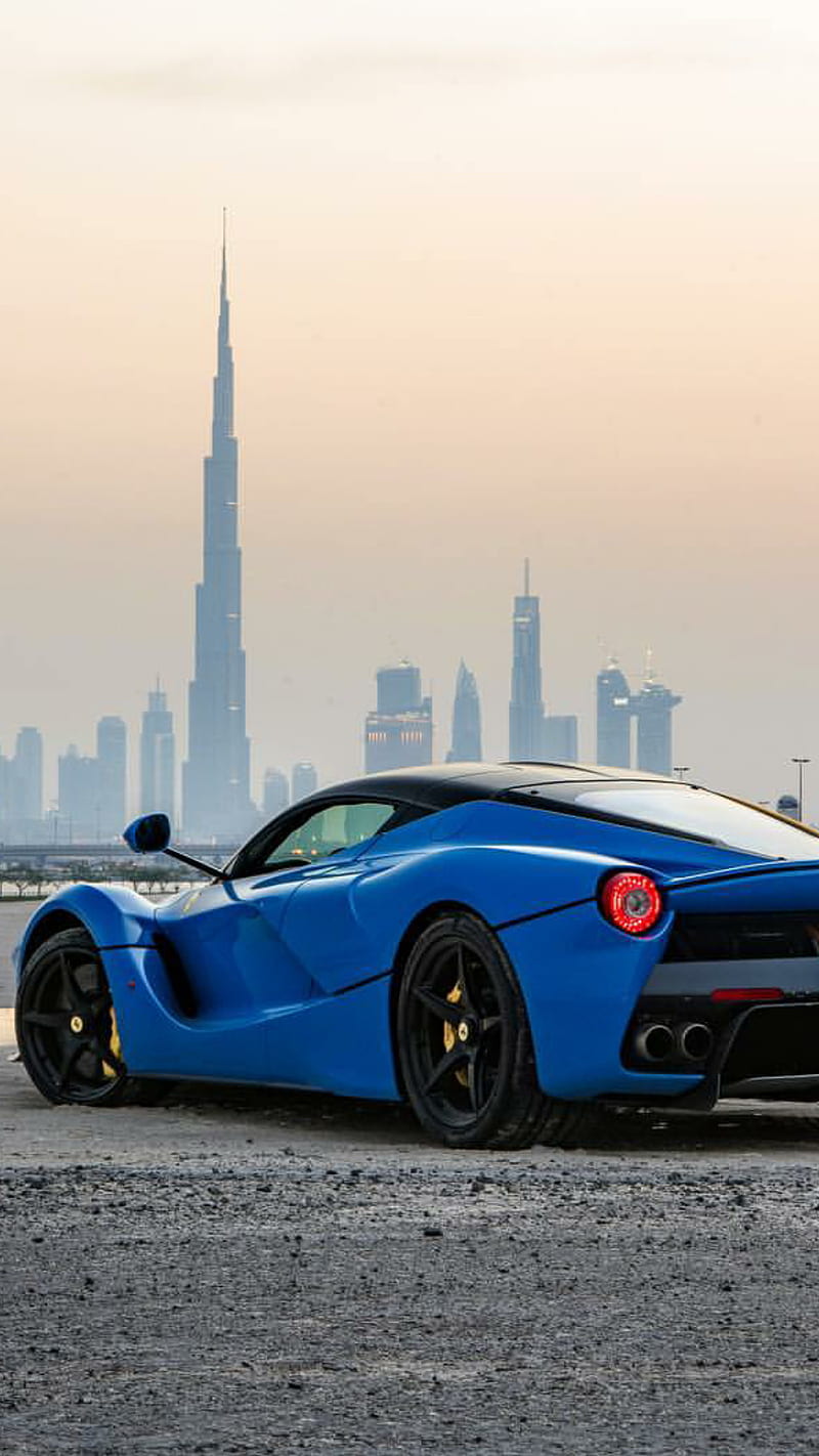 Burj LaFerrari, ferrari, dubai, blue, sunset, car, hypercar, supercar, sports, HD phone wallpaper
