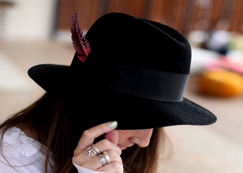 Painted Feather Fedora, Feather, Female, Model, Fedora, Rings, Woman, Hats, HD wallpaper