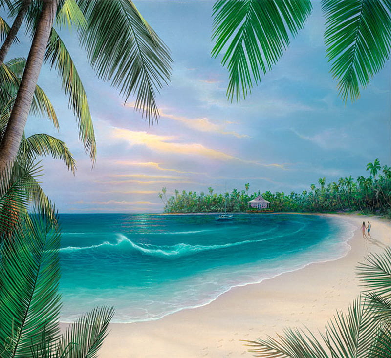 BEACH RENDEZVOUS, beach, rendezvous, ocean, palm trees, blue, HD wallpaper
