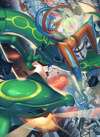 Rayquaza vs Deoxys, anime, battle, legendary, pokemon, space, HD wallpaper