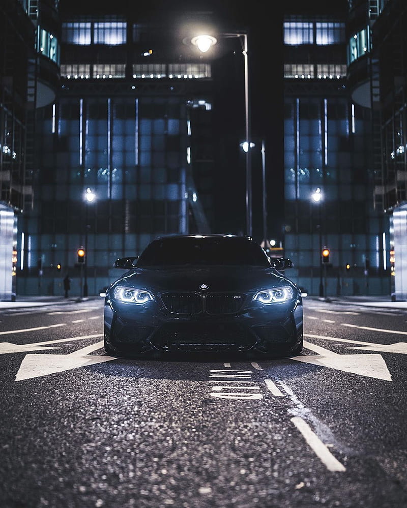 BMW M2, black, car, coupe, f87, front view, street, tuning, vehicle, HD phone wallpaper