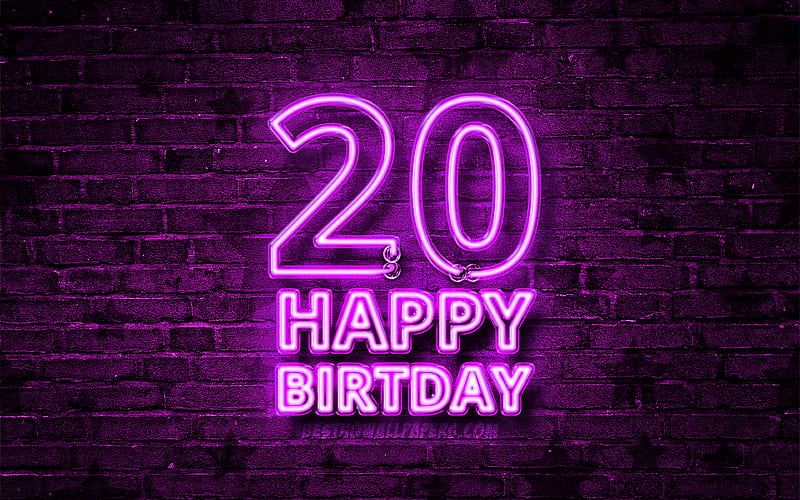 Happy 20 Years Birtay violet neon text, 20th Birtay Party, blue brickwall, Happy 20th birtay, Birtay concept, Birtay Party, 20th Birtay, HD wallpaper