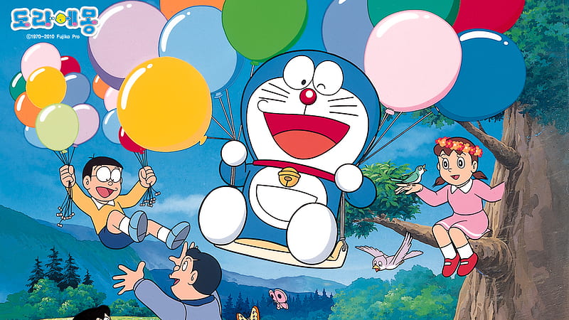 Doraemon And Nobita Are Playing With Balloons Doraemon, HD wallpaper