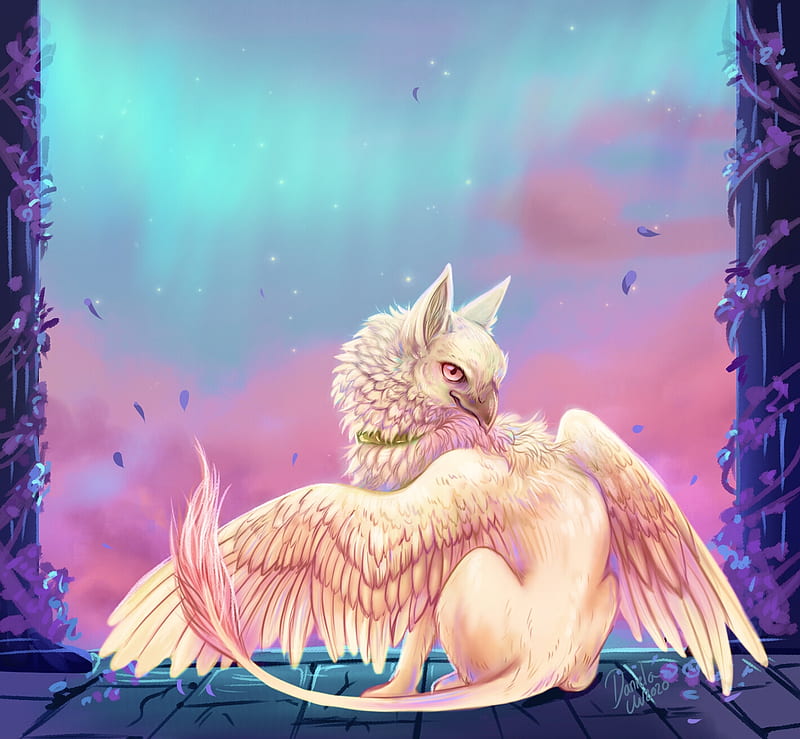 Griffin, loba maior, fantasy, wings, pink, blue, creature, HD wallpaper