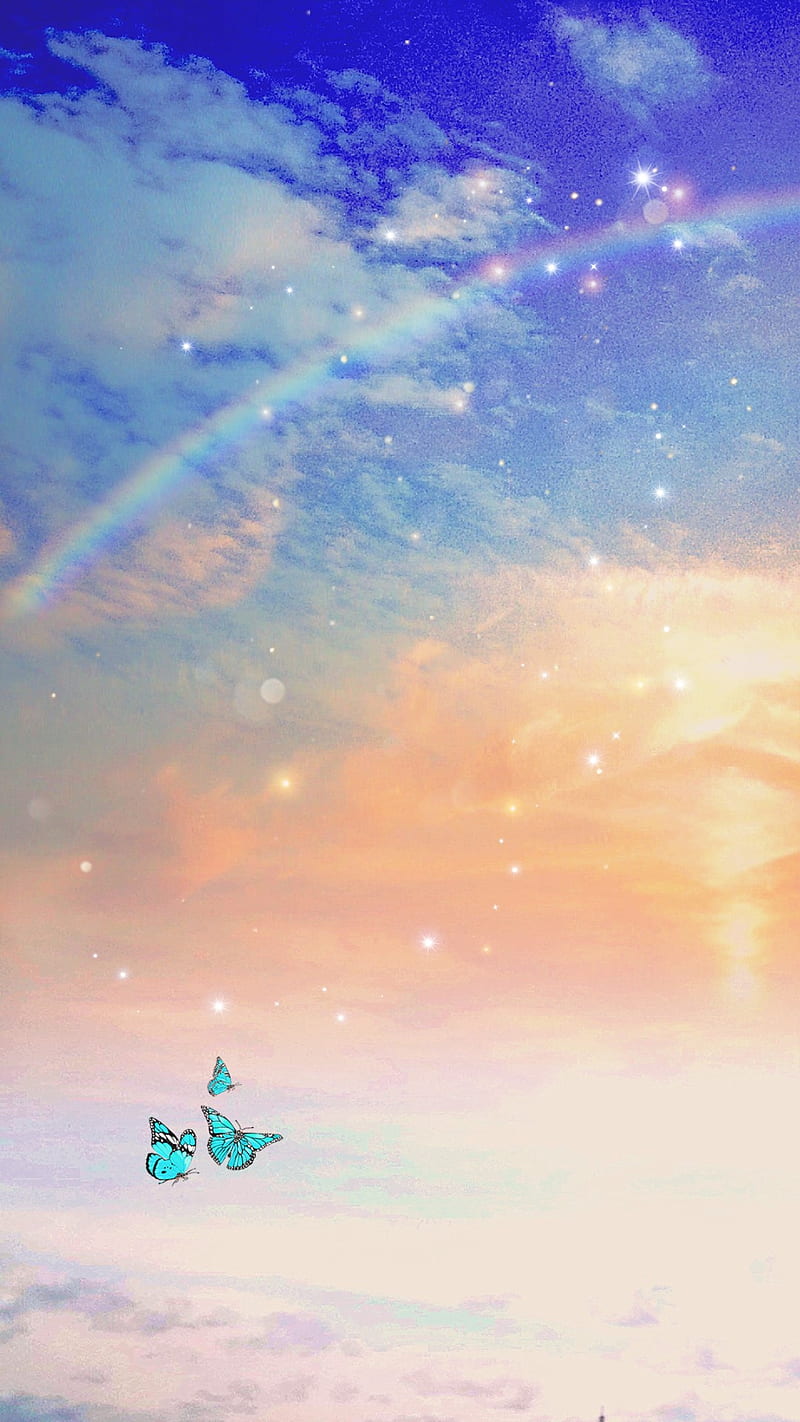 above the sky, butterfly, clouds, fantasy, heaven, rainbow, star, sunrise, HD phone wallpaper