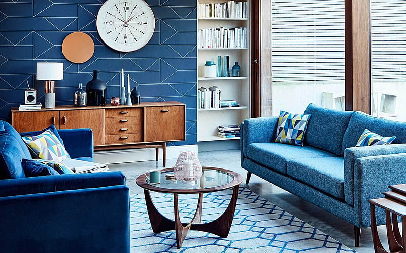 modern blue interior, living room, stylish interior design, blue living room, HD wallpaper
