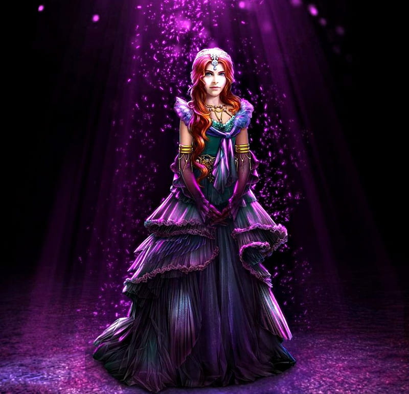 Fantasy girl, dress, game, black, dark parables, fantasy, girl, purple, magical, pink, HD wallpaper