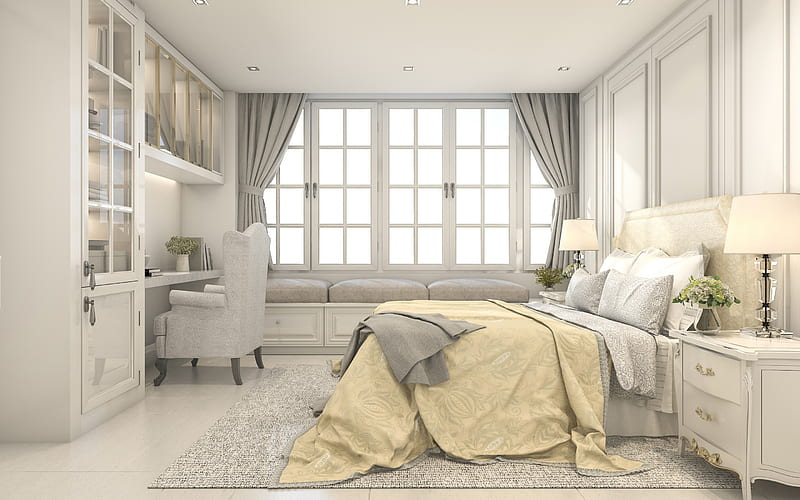 modern interior design, bedroom, classic style, stylish interior, beige bedroom, sofa near the window, HD wallpaper