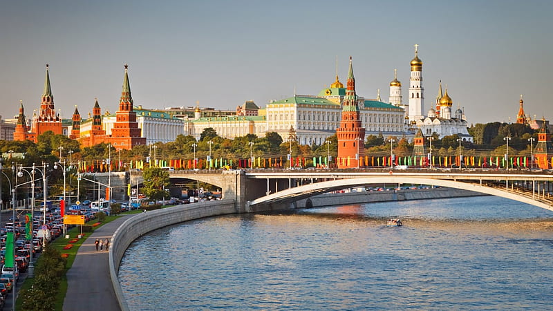 the kremlin in moscow, building, city, bridge, churches, river, HD wallpaper