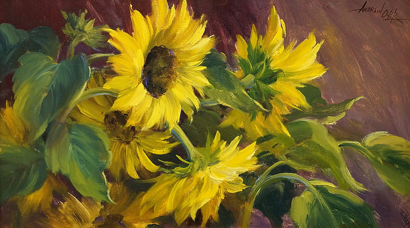 Good Day Sunshine!, andrew orr, art, green, summer, yellow, painting, sunflower, pictura, vara, HD wallpaper