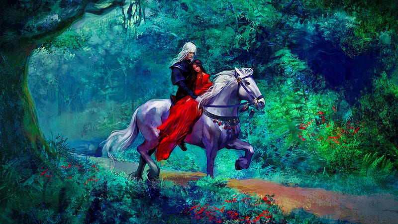 knight and princess, forest, horse, plants, artwork, romance, Fantasy, HD wallpaper