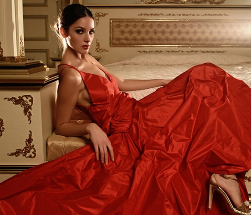 haute couture, red, model, gown, luxury, HD wallpaper