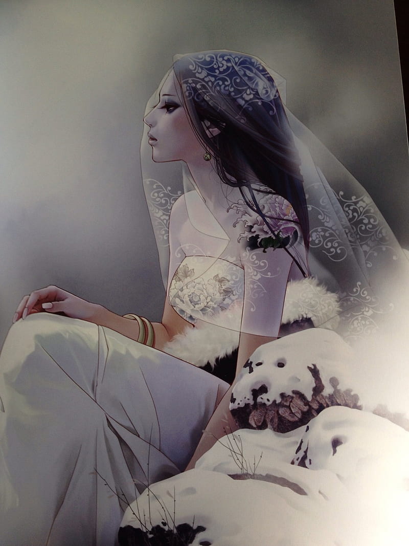 wedding dress, snow, tattoo, veils, HD phone wallpaper