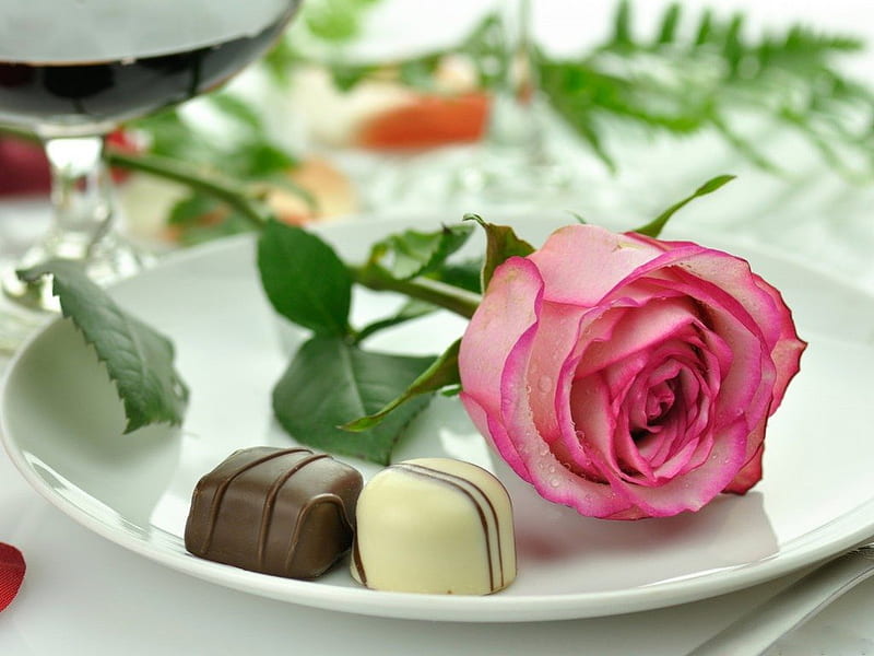 SWEET GESTURES, sweets, romance, chocolate, roses, gift, rosebuds, friendship, plate, pink, HD wallpaper