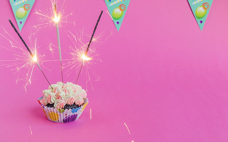 Happy Birtay, Bengal lights, cake, birtay cake, cupcake, cake on a pink background, HD wallpaper