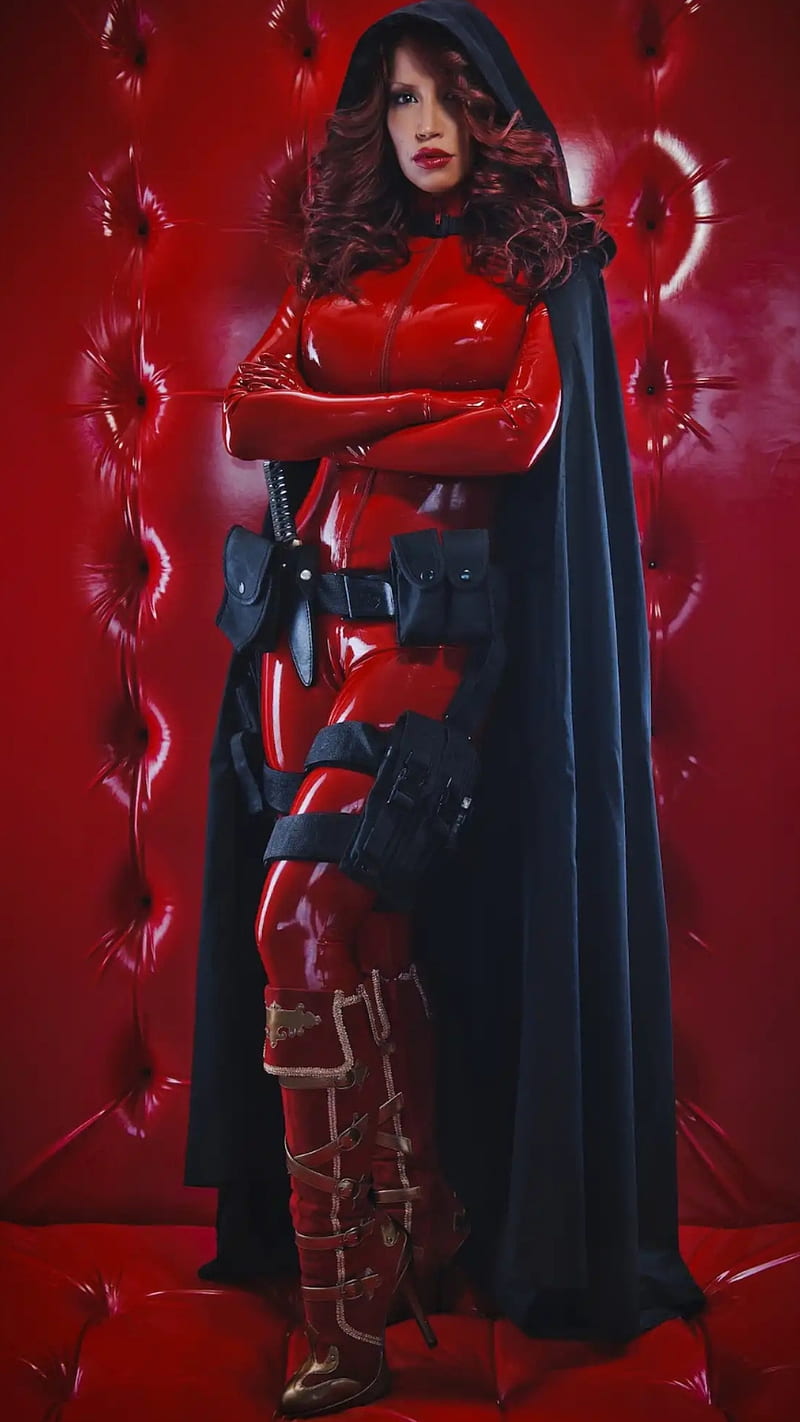 Bianca in red, beauty, female, gun, model, red boots, red latex, HD phone wallpaper