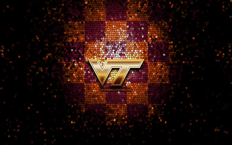 Virginia Tech Hokies, glitter logo, NCAA, orange purple checkered background, USA, american football team, Virginia Tech Hokies logo, mosaic art, american football, America, HD wallpaper