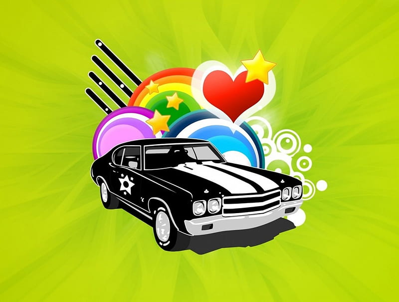 car fun vector, red, rainbow, heart, car, HD wallpaper
