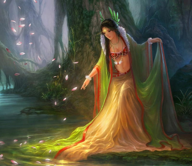 Goddess of the Forest, forest, flower petals, water, dress, glowing ...