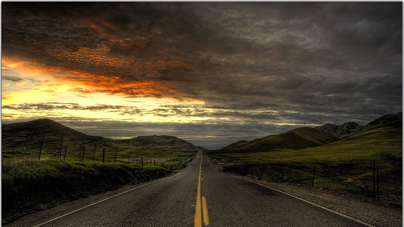 blacktop road through hilly countryside r, hills, blacktop, sundown, grass, r, road, clouds, HD wallpaper
