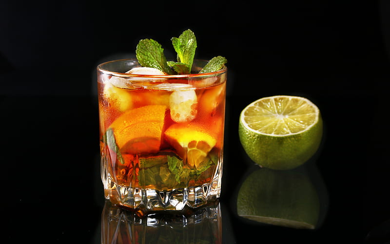 orange cocktail, citrus cocktail, oranges, lemon lime, ice cubes, HD wallpaper