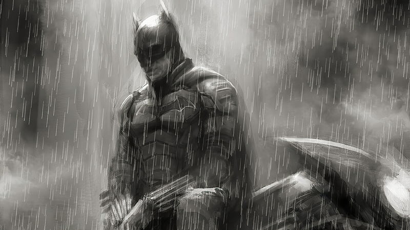 Batman With Bike Raining Monochrome, batman, superheroes, artwork, artist, monochrome, HD wallpaper