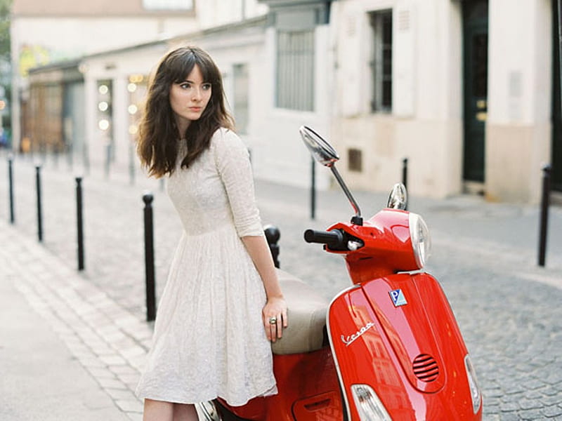 Her red scooter, red, dress, french, pose, clementine levy, , color, street, graph, scooter, female, pic, model, wall, colour, white, HD wallpaper