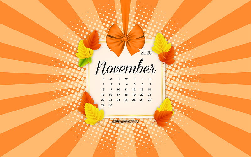 2020 November Calendar, orange background, autumn 2020 calendars, November, 2020 calendars, autumn leaves, retro style, November 2020 Calendar, calendar with leaves, HD wallpaper
