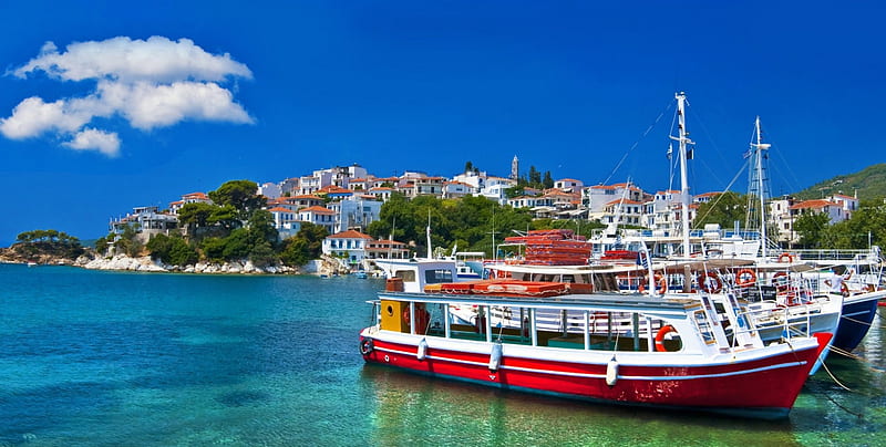 tour boats docked off greek island town, boats, town, island, sky, harbor, sea, HD wallpaper
