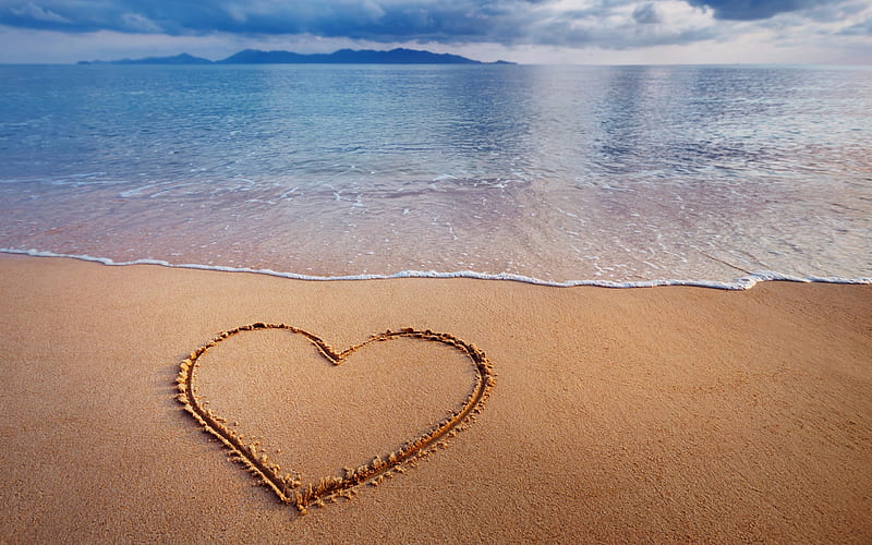 Heart on sand, beach, sea, love sign, sunset, evening, sand, HD wallpaper