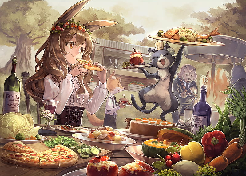 cute anime girl, feast, pizza, fruits, vegetables, cute creature, animal ears, Anime, HD wallpaper