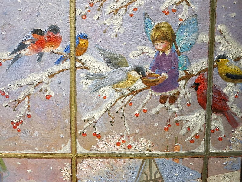 Fairy and birds, art, luminos, window, winter, iarna, fantasy, snow, bird, girl, pasari, white, fairy, victor nizovtsev, HD wallpaper