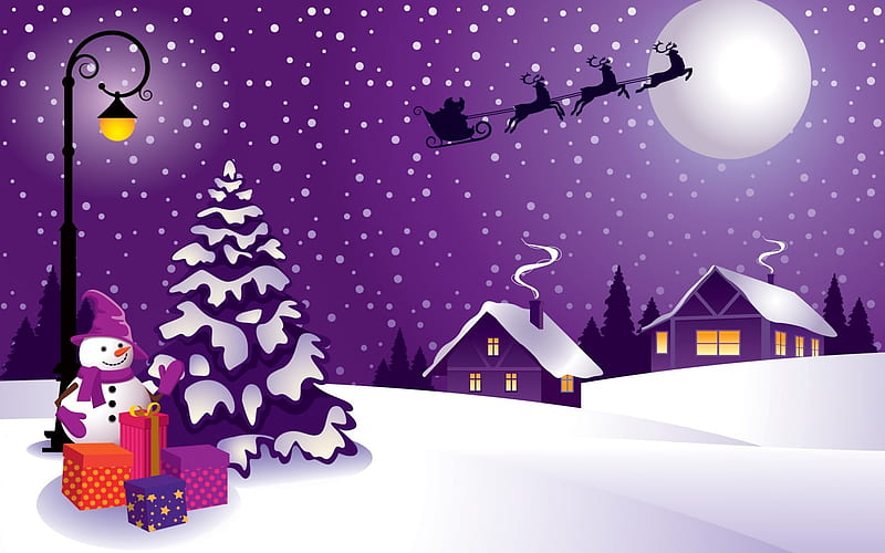 Merry Christmas!, house, moon, craciun, christmas, snowman, winter, santa, moon, purple, reindeer, white, HD wallpaper