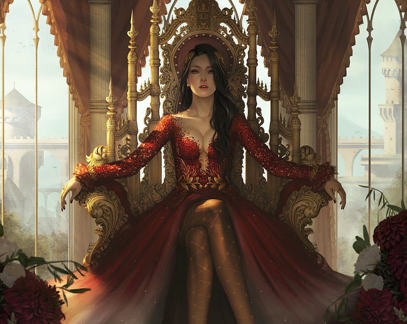 Throne, red, fantasy woman, dress, hall, bonito, woman, fantasy, long hair, kingdom, black hair, female, golden, abstract, cute, windows, lady, HD wallpaper