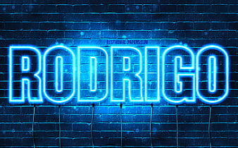Rodrigo with names, horizontal text, Rodrigo name, blue neon lights, with Rodrigo name, HD wallpaper