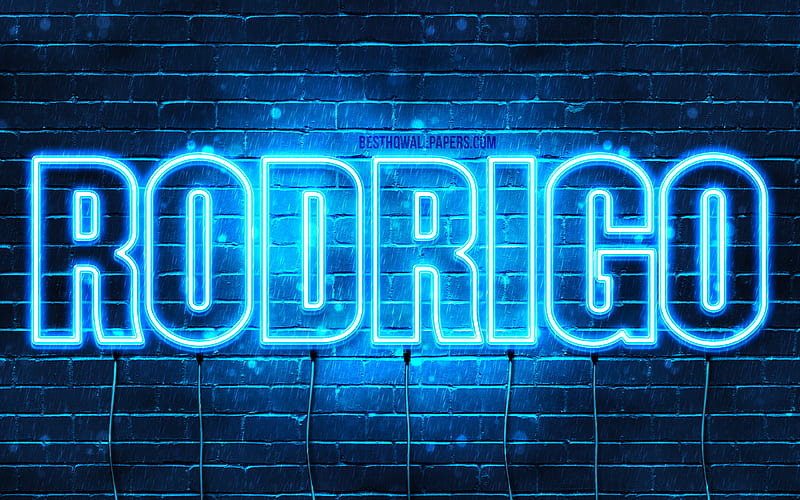 Rodrigo with names, horizontal text, Rodrigo name, blue neon lights, with Rodrigo name, HD wallpaper